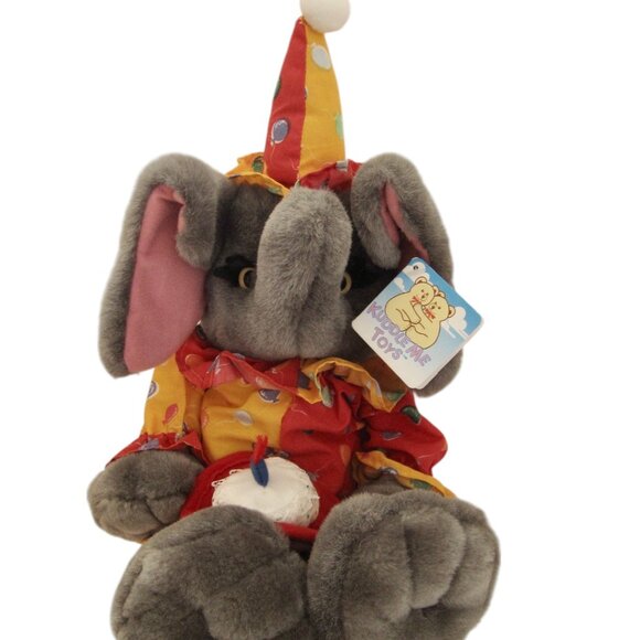 NOS Vintage 90s KellyToy Plush Elephant Clown w Birthday Cake Kuddle Me Tag - Picture 1 of 11